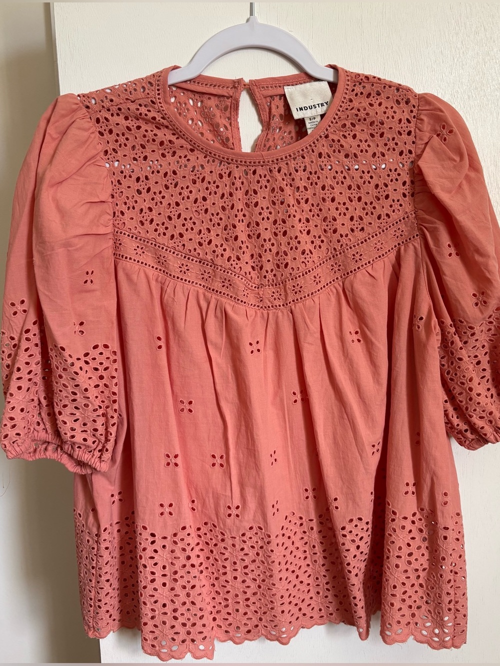 Eyelet Puff-Sleeve Blouse in Coral Pink